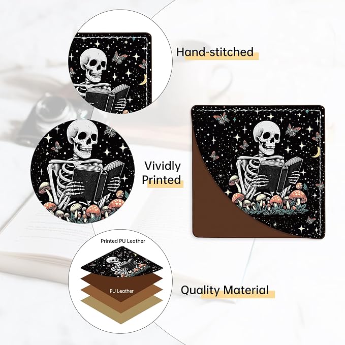 2 Pack Skeleton Reading Leather Book Corner Bookmark, Durable Handmade Reading Accessories - Gifts for Readers, Women, Men, Teachers, Students