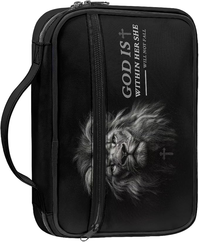 Lion Print Bible Covers for Women Men Zippered Bible Carrier Book Bag, God is Within Her She Will Not Fall, Church Bag Bible Protective with Handles Christian Gifts, Black