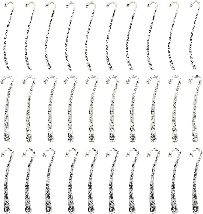 30 Pack Metal Bookmark, Silver Metal Bookmark Hairpin Hook Antique Tibetan Silver Carved Hook Bookmarks with Loop for Crafting