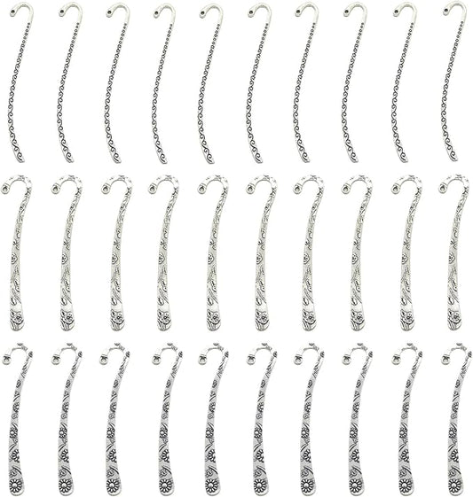 Generic 30 Pack Metal Bookmark - Silver Metal Bookmark Hairpin Hook Carved Antique Vintage with Loop Metal Book Markers Embossed Bookmarks, Jewelry Making Charms