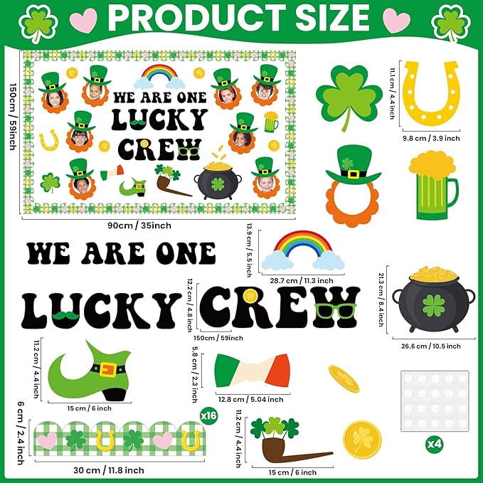 St. Patrick's Day Bulletin Board Set Shamrock Gold Coin Leprechaun Hat and Beard DIY Photo Craft Cutouts One Lucky Crew Green Irish March Classroom Decoration for Holiday Party School Home Wall Decor