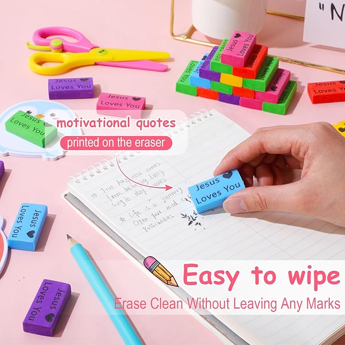 Resurhang 360 Pcs Jesus Loves You Erasers for Kids Colorful Christian Pencil Erasers Bulk, Valentines Religious Party Gifts Favors Bulk for Students Classrooms Drawing Sunday Church Supplies