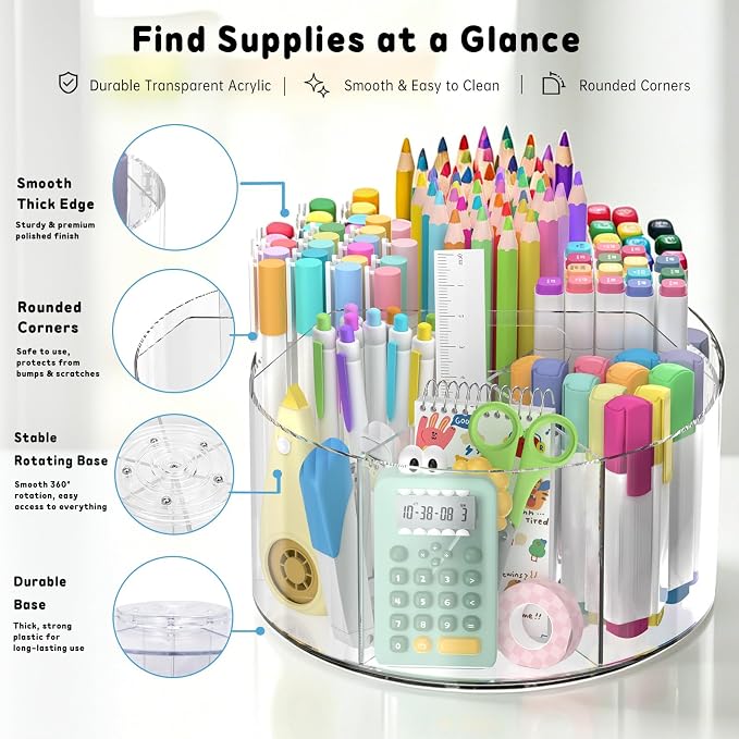 SUPEASY Acrylic Rotating Pencil Holder, 360° Clear Pen & Marker Organizer with 6 Compartments and Carry Handle, Crayon Art Supply Organizer for Desk, Home, Office, Classroom