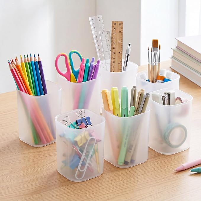 64 Pack Pen Holder White Pen Cups for Desk Organizers and Storage Stationery Plastic Matte Pencil Holder Cups Transparent Style for Office School Supplies