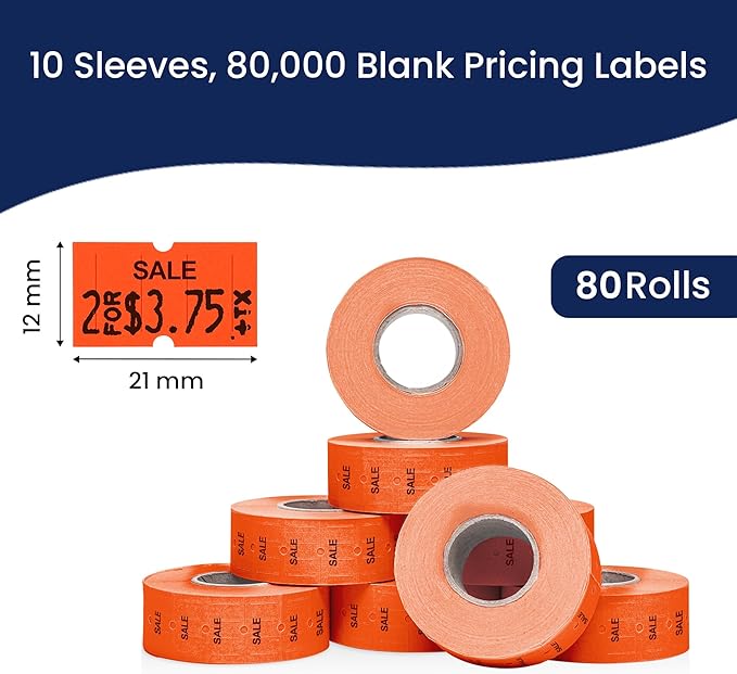Perco 1 Line Fluorescent Red Sale Labels - 80 Rolls, 10 Sleeves, 80,000 Blank Price and Date Gun Labels for Perco Lite, X, Plus and Pro 1 Line Price and Date Guns - Made in USA