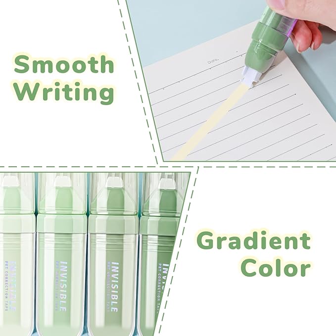Temiary 4 Pcs White Correction Tapes, Beige Core Smooth Pull Out for Writing, Aesthetic Cream Correction Tape Gradient Set, Quick Dry Applicator for Students School Office Supplies (Green)