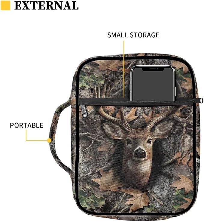 Suobstales Deer Camo Print Bible Cover Carrying Book Case for Women Men Lightweight Bible Bag Bible Protective with Handle and Zippered Pocket