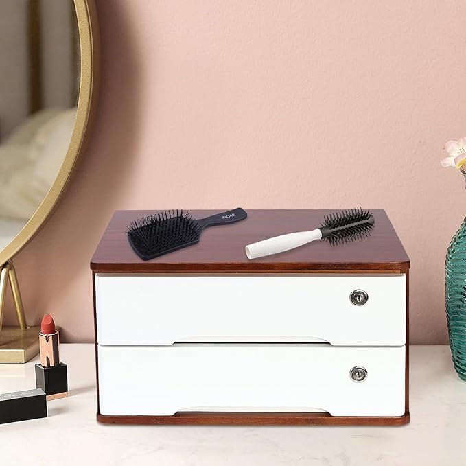 Lockable Desk Organizer Wooden Desktop Drawers Office Flat Files Storage Box Locking Countertop Storage Cabinet (Walnut + White, 2-Tier)