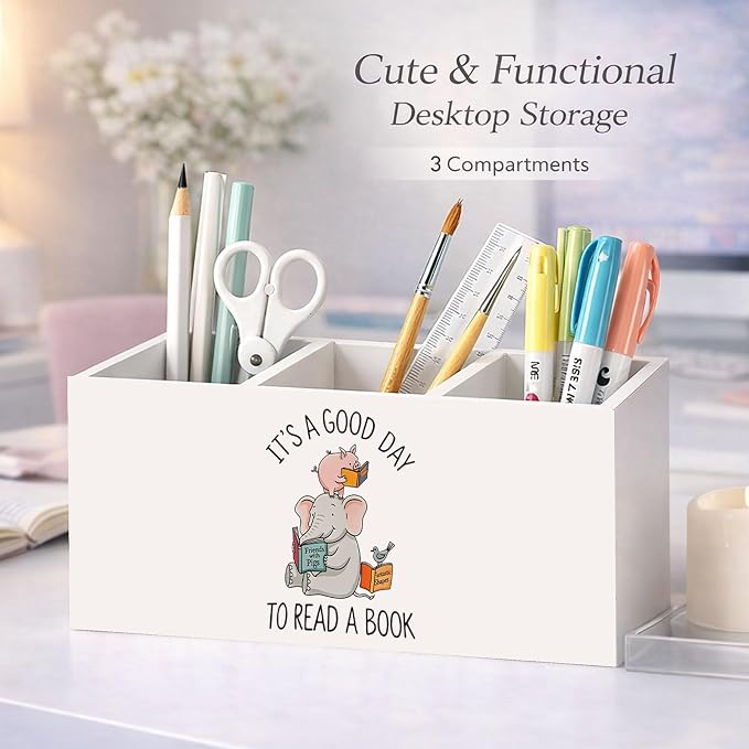 Animal Friends Pen Holder, Inch Desk Organizer, “It’s a Good Day to Read a Book” Elephant & Pig Illustration, Cute Desk Storage for Pens, Pencils, Scissors – Kids, Students, Teachers Gift