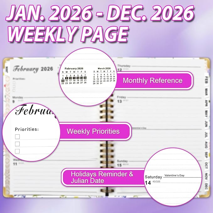 Weekly Monthly Planner 2026, Weekly Planner from Jan. 2026 - Dec. 2026, 6.3" X 8.5" Daily Planners with Tabs, Bookmark, Calendar Notebook for Women Girls, Planners Spiral Bound at School/Office