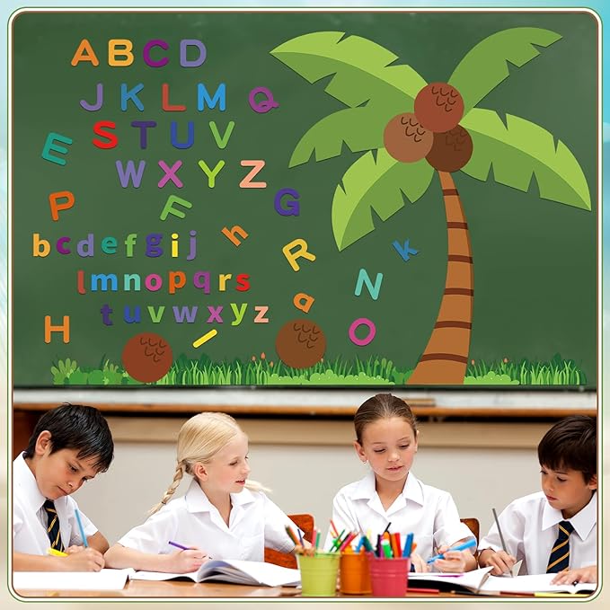 Gilprop 71 Pcs Coconut Tree Alphabet Bulletin Board Set Letter Classroom Decoration Bulletin Board Cutouts with 100 Adhesive Dots for Wall Home Teachers Kindergarten Primary School Education Supplies