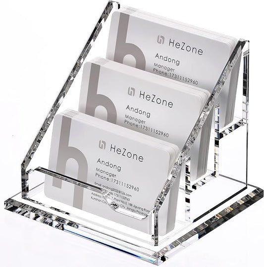 HeZone Acrylic Card Holder Clear Horizontal Business Card Organizer Stand for Desk 3 Slots 3 Tier Business Cards Stand for Women and Men,Office Desk Accessories,Organize 150 Cards-1 Pack(3 Slots-H)