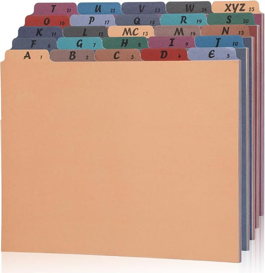 1 Set 25 Alphabet File Dividers A-Z Top Tab File Guides Letter Size 1/5 Cut Tab Manila Alphabetical Files Organizer Filing Cabinet Dividers for Work Office Home School Desk Organizer(Business Color)