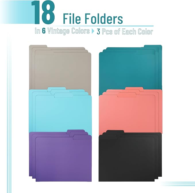 Mr. Pen- File Folders with Tabs, 1/3 Cut Tab, 18 Pack, Letter Size, 6 Different Jewel-Tone Colors, File Folders Letter Size