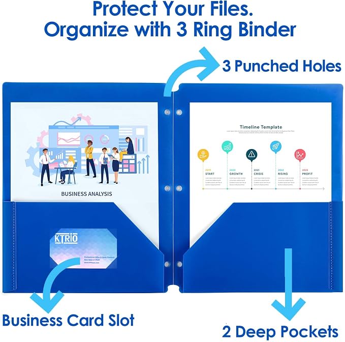 KTRIO Folders with Pockets 3 Hole Punched, 6 Pack Plastic Folders for 3 Ring Binder, Letter Size Colored Poly Folder with Business Card Slot for School Students Teachers