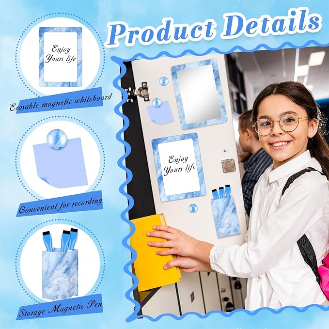 Denylo pro Magnetic Locker Marble Accessories Kit Blue Back to School Essentials Locker Organizer Supplies Include Mirror Whiteboard Pen with Holder Magnet Magnetic Buckle Back to School Essentials
