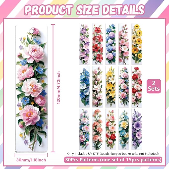 Peacoblue 30pcs UV DTF Bookmarks Transfer Stickers Wraps 3D Flowers for Women Men Reading, Waterproof Bookmarkers Decal(No Blank Bookmarks) for Acrylic Plastic Metal Blank Bookmark