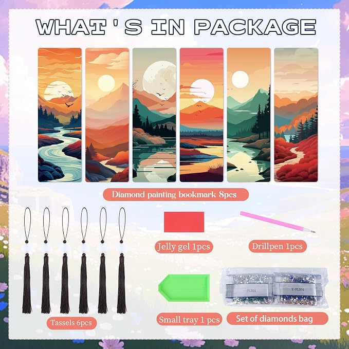 Sitsink Scenery Diamond Art Bookmarks - 6 Pcs Sunset Diamond Painting Bookmark Kits with Tassels, Sunrise DIY Gem Art Rhinestone Crafting Kit for Adults Women
