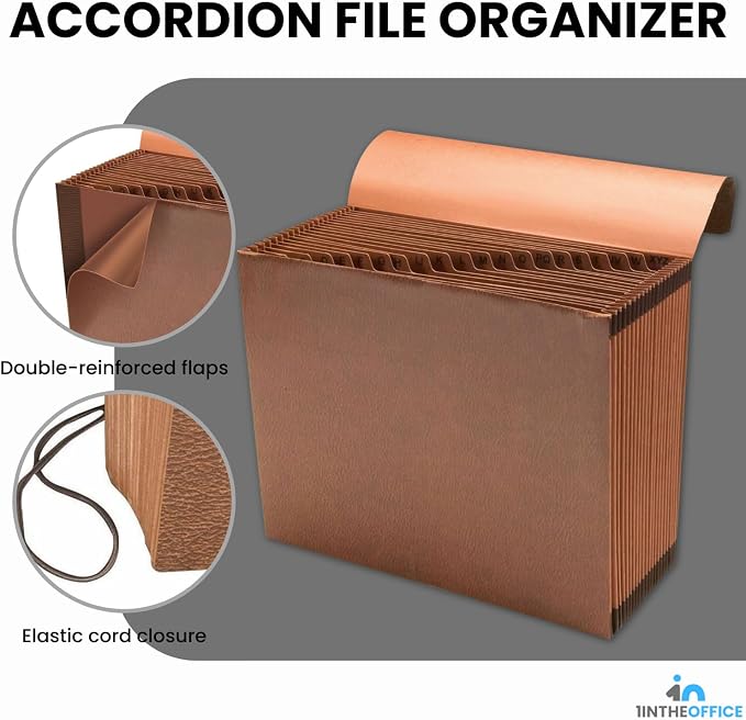 1InTheOffice Accordion File Organizer, Expandable File Folder Organizer, 21 Pockets, A-Z, Elastic Cord, 1/21-Cut Tabs, Letter Size, Red Rope