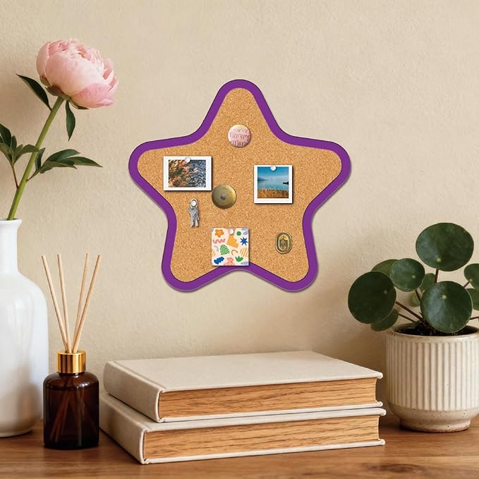 CRASPIRE Star Pin Cork Board Framed Bulletin Display Badge 10.23x9.8In Wooden Purple Decorative Corkboard Wall Mounted Memory Memo Brooch Lapel Holder Storage for Home Office School Classroom Wedding