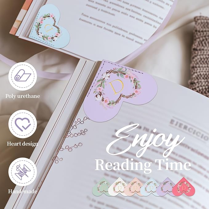 6 Pack Macaron Colorful Bookmarks,Heart Shape Leather Bookmark Set with Floral Initials,Cute UV Printed Design,Bulk Graduation Gifts for Students Teachers Book Lovers,Elegant Thank You Gift (D)