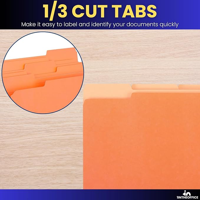 1InTheOffice Orange Folder, Orange File Folders, Durable Folder, File Folder Letter Size, 1/3 Cut Assorted Tab, 100 pcs (100)