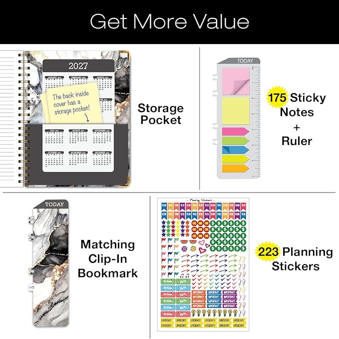 HARDCOVER Academic Year 2026-2027 Planner: 14 Months (May 2026 Through June 2027) 8.5"x 11" Daily Weekly Monthly Planner Yearly Agenda. Bookmark, Pocket Folder and Sticky Note Set (Black Gold Marble)