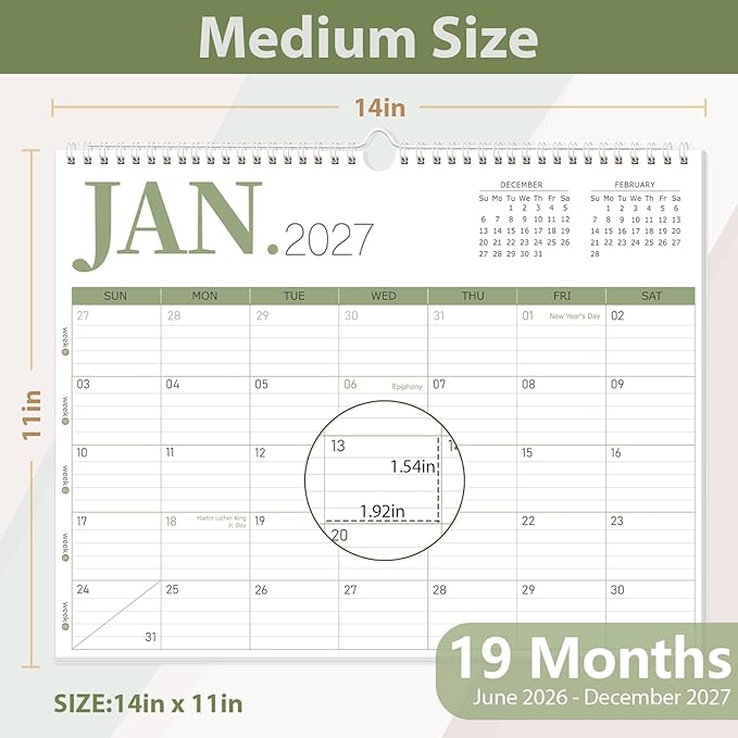 GuassLee Wall Calendar 2026, 2026-2027 Calendar Wall Runs from Jun. 2026 to Dec. 2027, 19-Month Hanging Calendar Spiral Bound for Office School Home Planning and Organizing, 14” x 11”