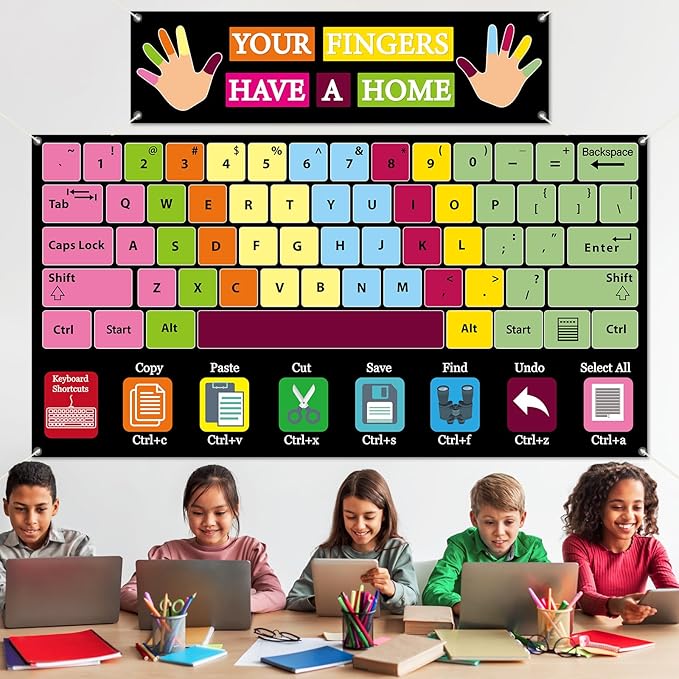 2Pcs Computer Keyboard Backdrop Keyboard Shortcuts Hanging Banner Computer Lab Wall Art Educational Technology Background for Back to School Classroom Decor Elementary Middle School Teacher Supplies