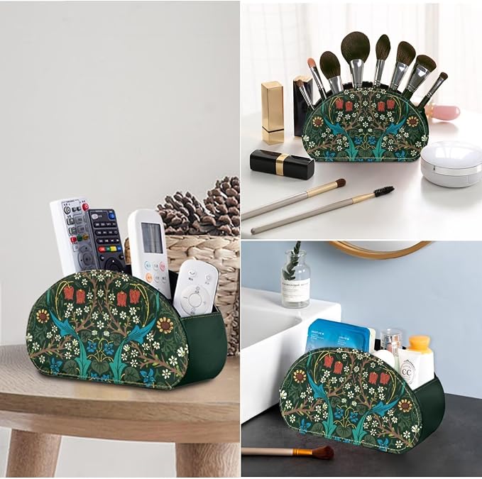 William Morris Green Leaf TV Remote Holder with 5 Compartments, Office Desk Nightstand Couch Organizers/Bedside Table Accessory, Storage for Pens/Controllers/Media Players