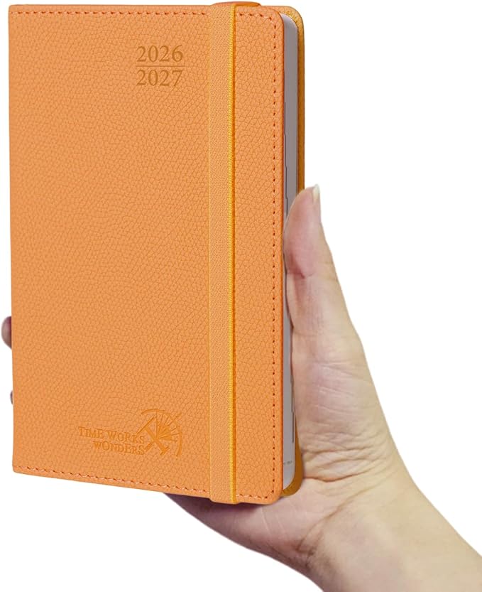 POPRUN 2026-2027 Pocket Weekly Planner Calendar, Size 4'' x 6.25'', Academic Planner (Jul 2026 - Jun 2027) Horizontal Layout with Lined Sections, Leather Hardcover, 100GSM Paper - Orange