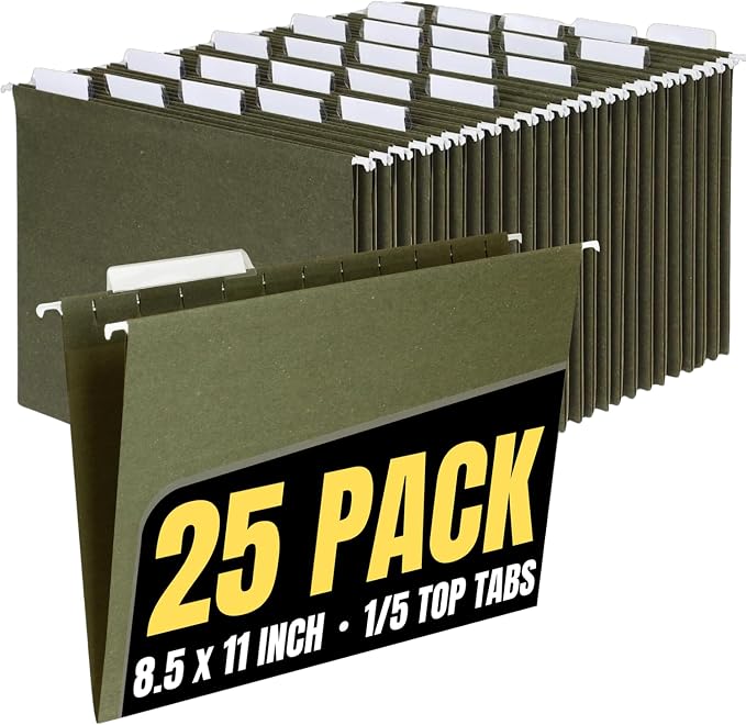 1InTheOffice Hanging File Folders Letter Size, File Cabinet Folders, Reinforced, 1/5 Tabs, Adjustable, Green, 25 Pack
