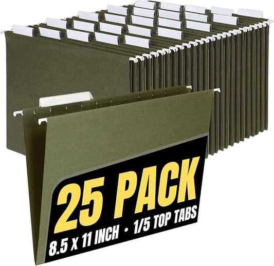 1InTheOffice Hanging File Folders Letter Size, File Cabinet Folders, Reinforced, 1/5 Tabs, Adjustable, Green, 25 Pack