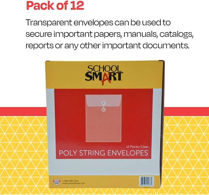 School Smart Top Loading Polypropylene String Envelopes - Letter Size - Pack of 12 - Clear - 082260