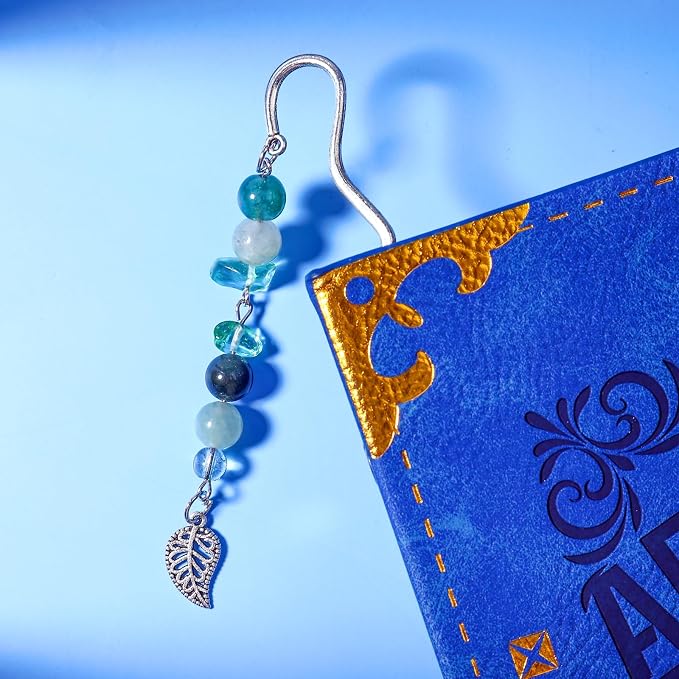 Vintage Metal Leaf Bookmark Pendant with Natural Crystal Bead Chain–Elegant Bookmarks for Women,Men,Book Lovers,Teachers and Students(Green Jade)
