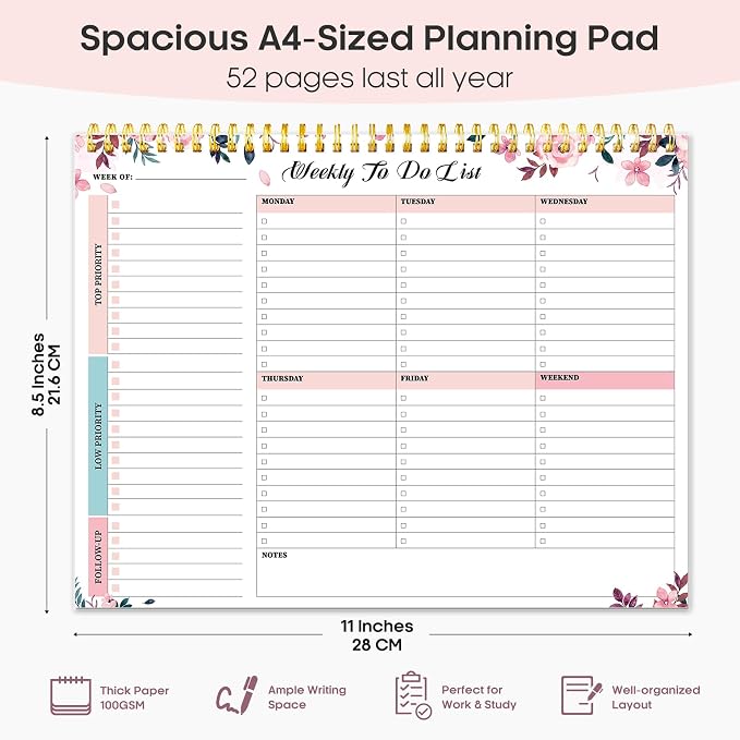 Taja Weekly To Do List Notepad with 52 Undated Sheets（8.5"×11"）- Weekly Desk Planner for Women & Man, Work and Home - 1 Pack Whispering Petal
