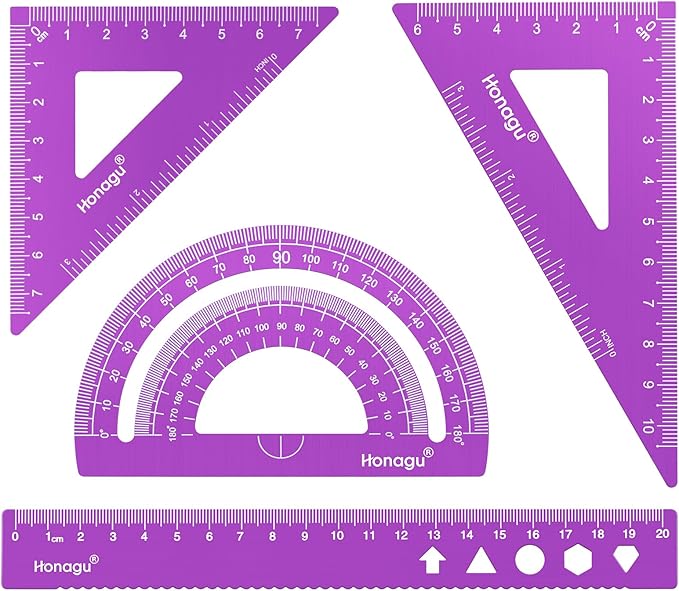 Honagu Aluminum Alloy Triangular Ruler Set, 4 Pieces, 20cm/7.87inches, Purple