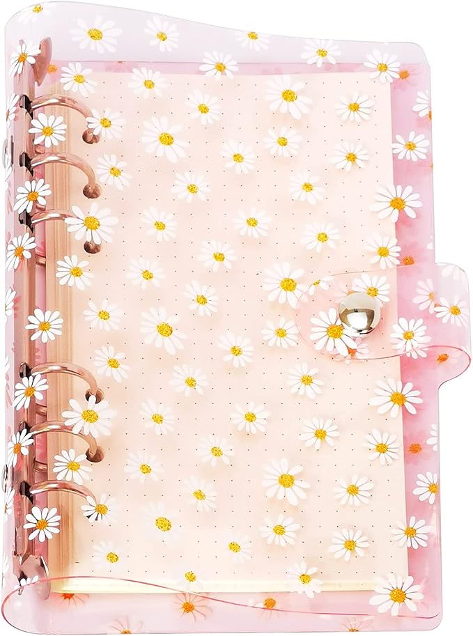 A6 A5 6-Holes Colorful PVC Cover Personal Organizer with Snap Button Closure File Folder for Loose Leaf Sheet Protectors Notebook Refill (Little Pink Daisy, A6 mini Set)