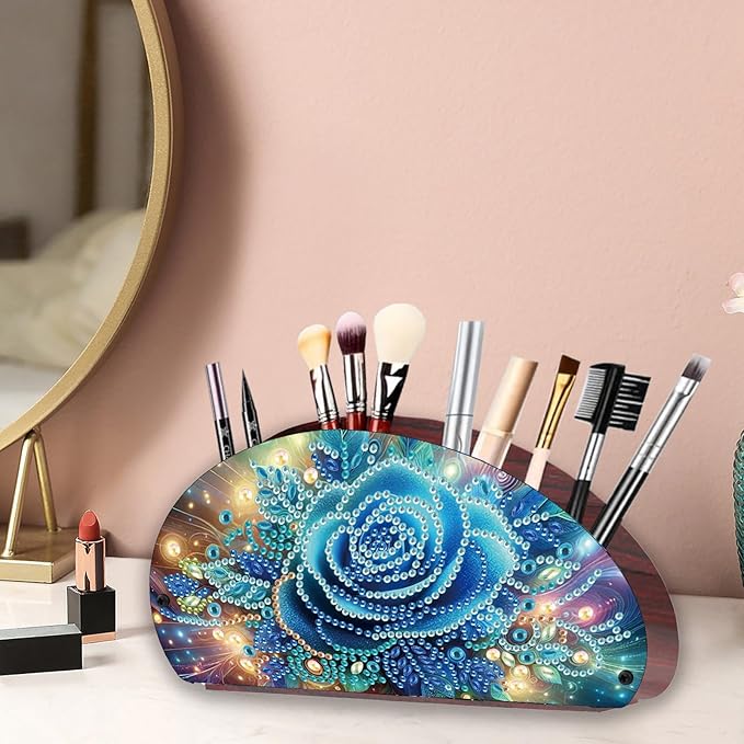 Remote Control Holder with 4 Compartments, DIY Diamond Art Painting Wooden Half Moon TV Control Holder for Remote Controllers, Office Supplies, Makeup Brush, Media Accessories-Blue Rose