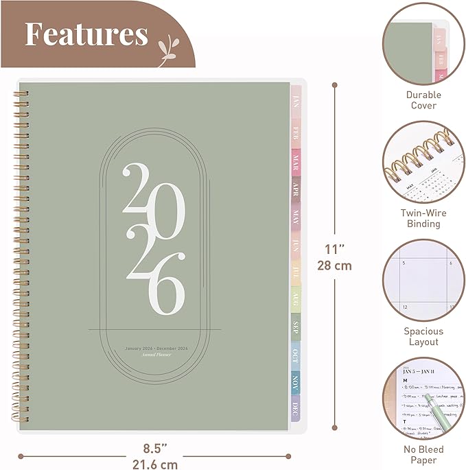 Rileys 2026 Planner, Agenda Planner With Weekly And Monthly View, Daily Agenda Book And Yearly Planners Calendar Book, Spiral Bound With Tabs, Notes, Goals And Holidays (Green, 8.5 x 11 in)