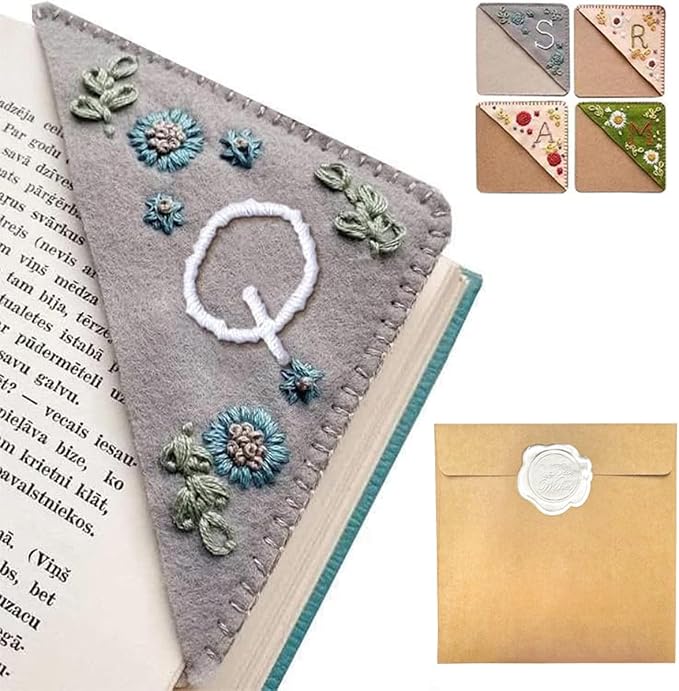Personalized Hand Embroidered Corner Bookmark, 26 Letters Hand Stitched Felt Corner Letter Bookmark, Cute Flower Embroidery Bookmarks for Book Reading Lovers Meaningful Gift (Winter，Q