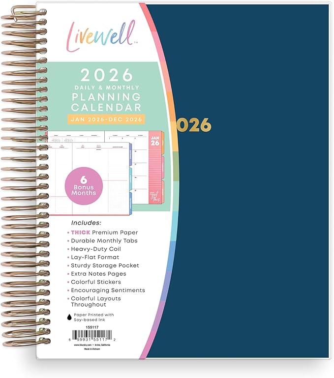 Blue Sky Livewell 2026 Daily and Monthly Planner Calendar, January 2026 - December 2026, 7" x 9", Flexible Laminated Cover, Heavy Duty Coil Binding, Colorful Premium Paper, Includes Storage Pocket, Stickers, Navy