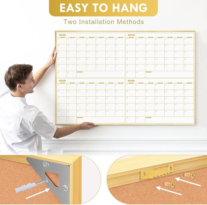 ARCOBIS Magnetic Calendar Whiteboard 36" x 24", 4 Months Dry Erase Calendar for Wall, Gold Frame White Board for Office, Home, School