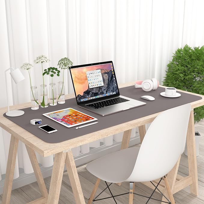 Desk Pad, 35.5" x 17" PU Leather Mat, XXL Extended Mouse Waterproof Blotter Protector, Ultra Thin Large Laptop Keyboard Non-Slip Writing Pad for Office Home, Light Gray