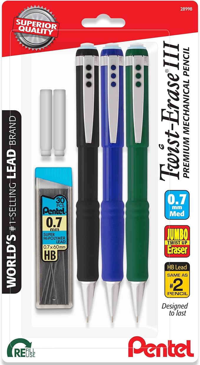 Pentel Twist Erase III Mechanical Pencil 0.7mm - Pre-Loaded Super Hi-Polymer HB Lead - Assorted Color Barrels - Pack of 3 + Lead & Eraser Refills