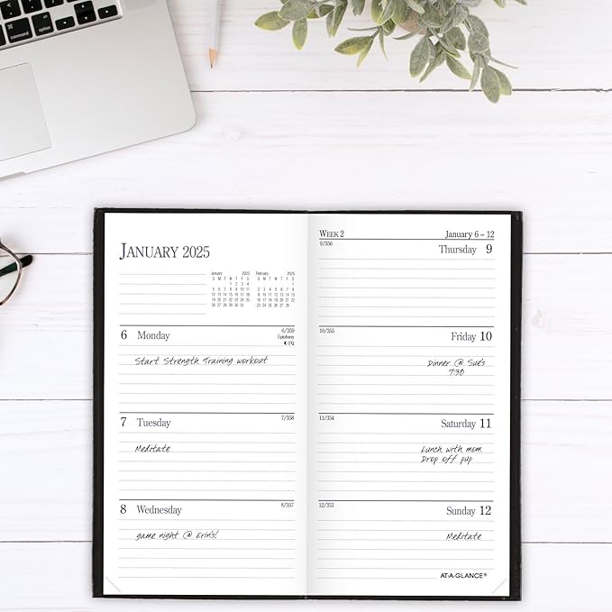 AT-A-GLANCE 2025 Fine Diary, Weekly & Monthly Diary, 3" x 6", Pocket Size, Black (72020525)