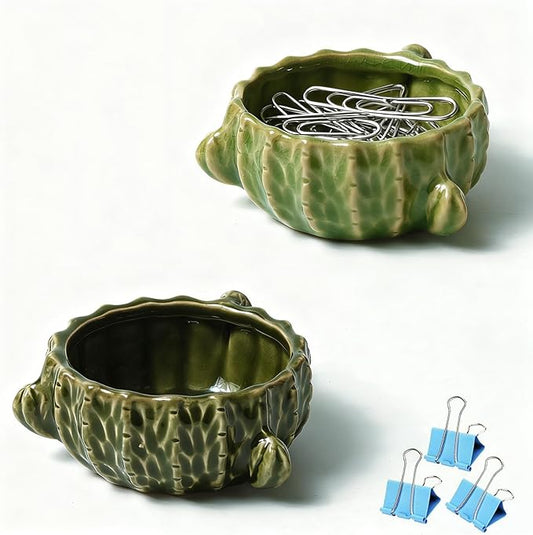 Ceramic Paper Clip Holder, 2 Pcs Green Cactus-Shaped Binder Clip Box Cute Office Decor Supplies for Desk Organizer (Cactus Green)