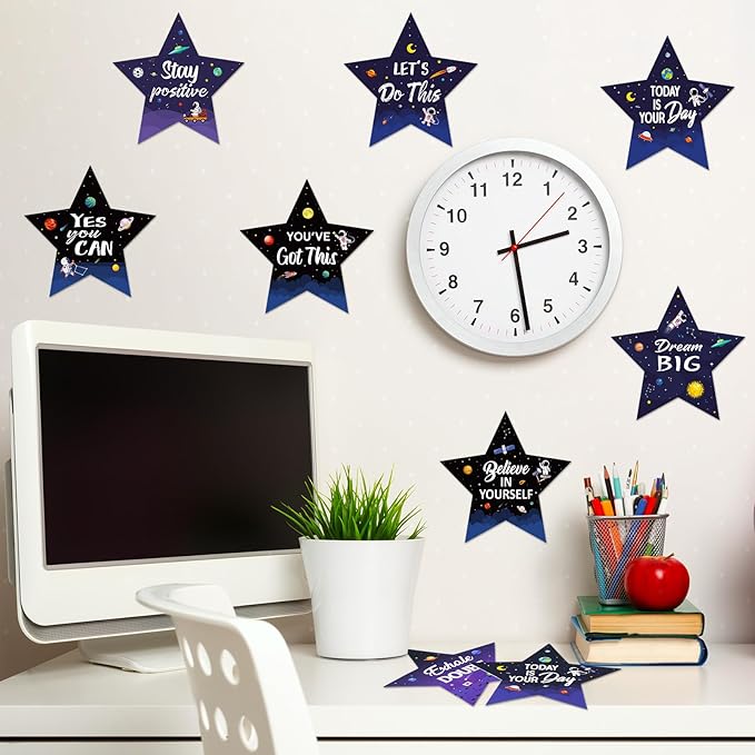 Pajean 48 Pcs Star Positive Bulletin Board Decoration Cutout Affirmation Station Classroom Bulletin Board 6 Inch Inspirational Classroom Decor Double Sided for Teacher Student Back to School(Space)