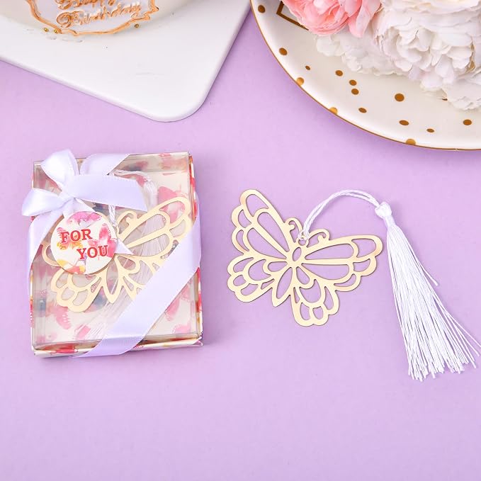 60 Pcs Gold Butterfly Metal Bookmarks with Elegant Silk Tassel, Creative Butterfly Bookmarks with Gift Box, for Book Lover Baby Shower Return Gifts Wedding Party Favors Decorations Guests Souvenirs