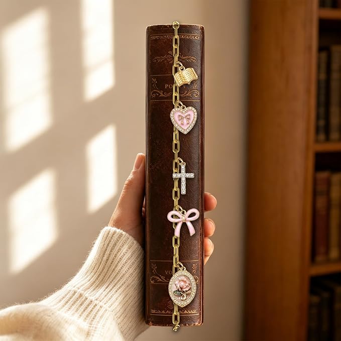 Cross Heart Bow Bible Charm Chain - Christian Biblebook Accessory Faith Gift, Scripture Bookmark Decor for Bible Spine Edge, Religious Charms for Book Lovers